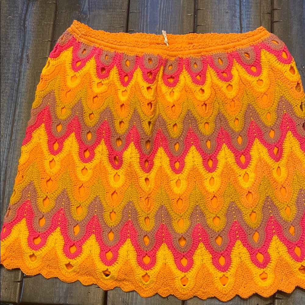 Free People Embellished Orange Yellow Bubble Mini Skirt